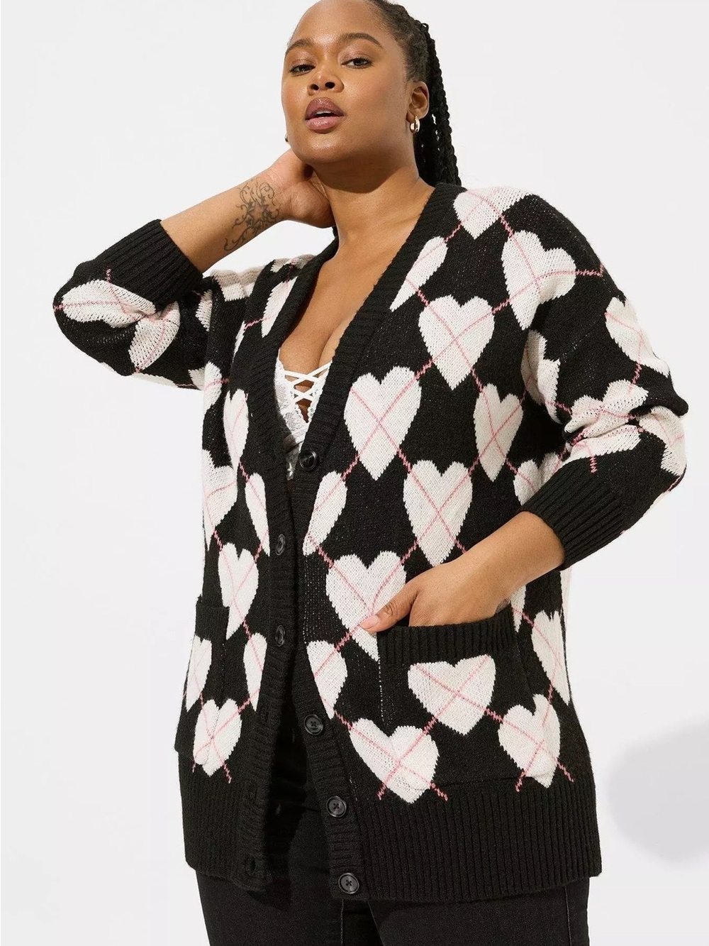 Torrid Black Heart-Pattern Button-Up Cardigan Sweater